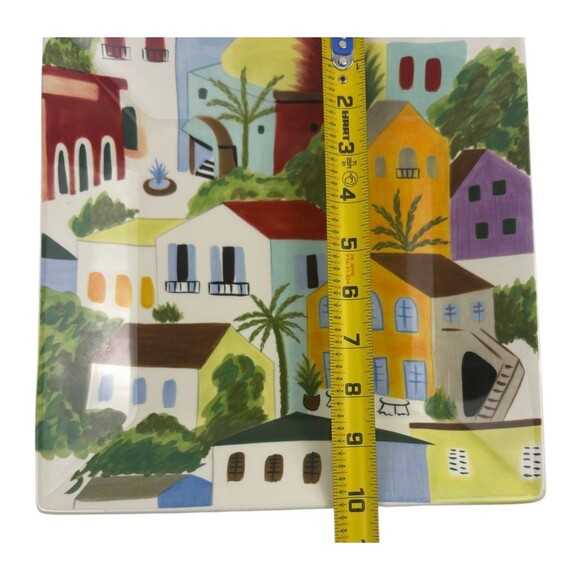 VTG Pier 1 One Villa del Sol Hand-Painted Square Plate Vibrant Village Folk Art - Picture 12 of 15